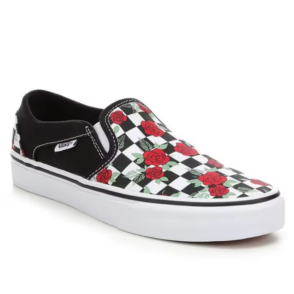 🌹 Vans Women's Slip-On Shoes - Black & White Checker and Roses